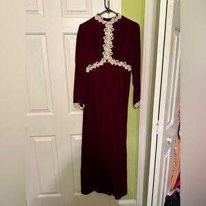 Vintage 1970s Velvet Empire Waist Dress with Lace Trim Detail